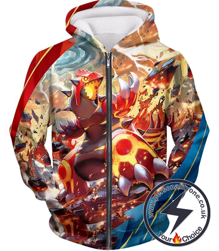 Pokemon Awesome Pokemon Legendary Red Blazing Groudon Action Zip Up Hoodie